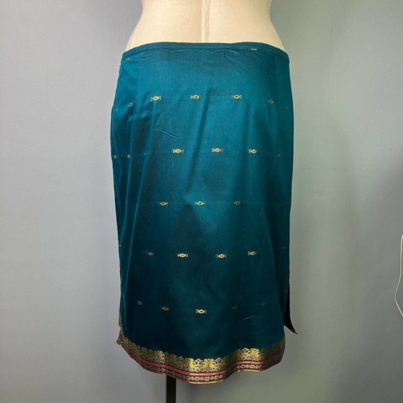 Amanda Smith Peacock Blue Gold Embroidered Trim Straight Lightweight Skirt Sz XL - Picture 5 of 16